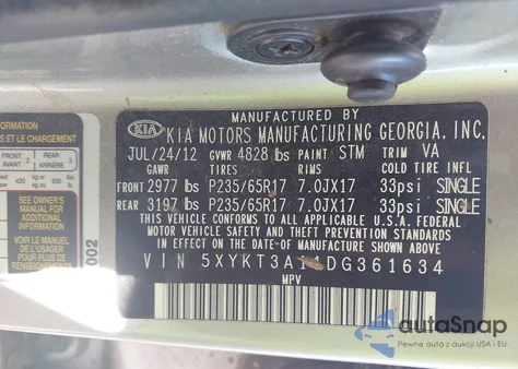 2013 Kia Sorento Lx z USA, uszkodzony, nr VIN 5XYKT3A11DG361634